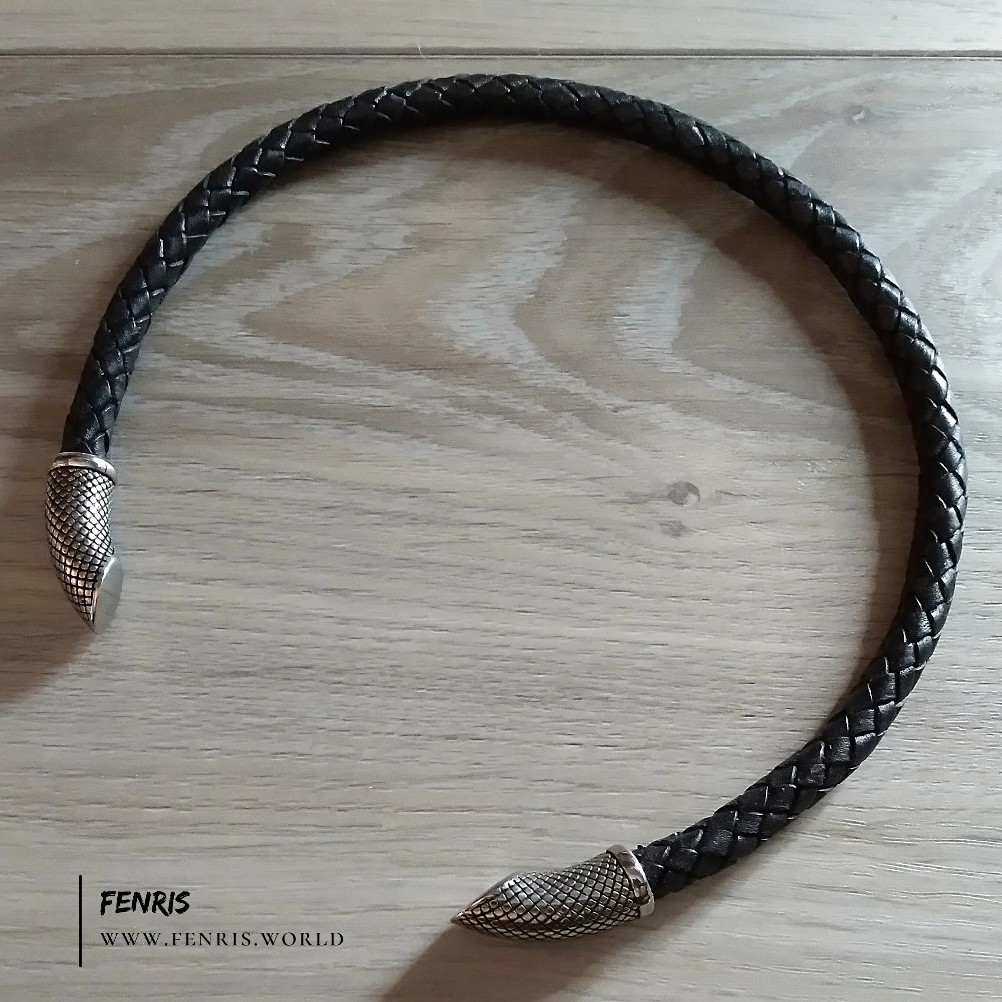 Torc Necklace Black Leather Silver Modern