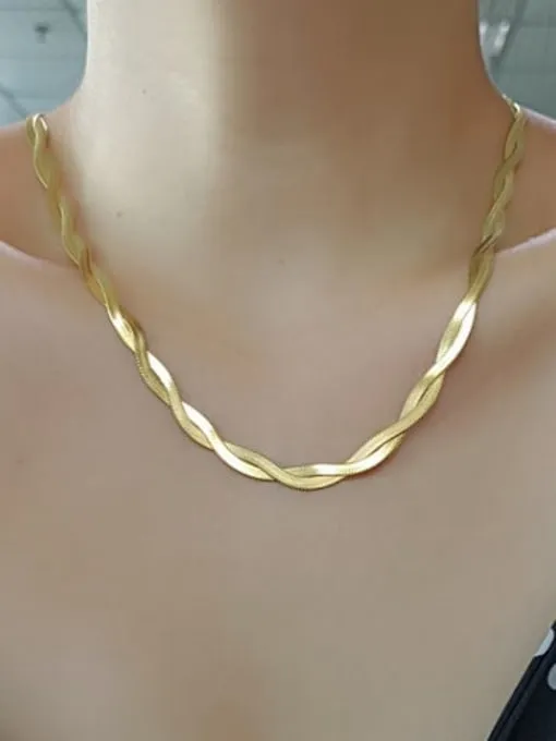 Twisted Double Flat Herringbone Necklace 18k Gold Plated Stainless Steel Hypoallergenic Waterproof Short Necklace