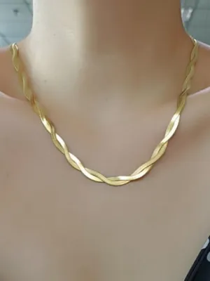 Twisted Double Flat Herringbone Necklace 18k Gold Plated Stainless Steel Hypoallergenic Waterproof Short Necklace