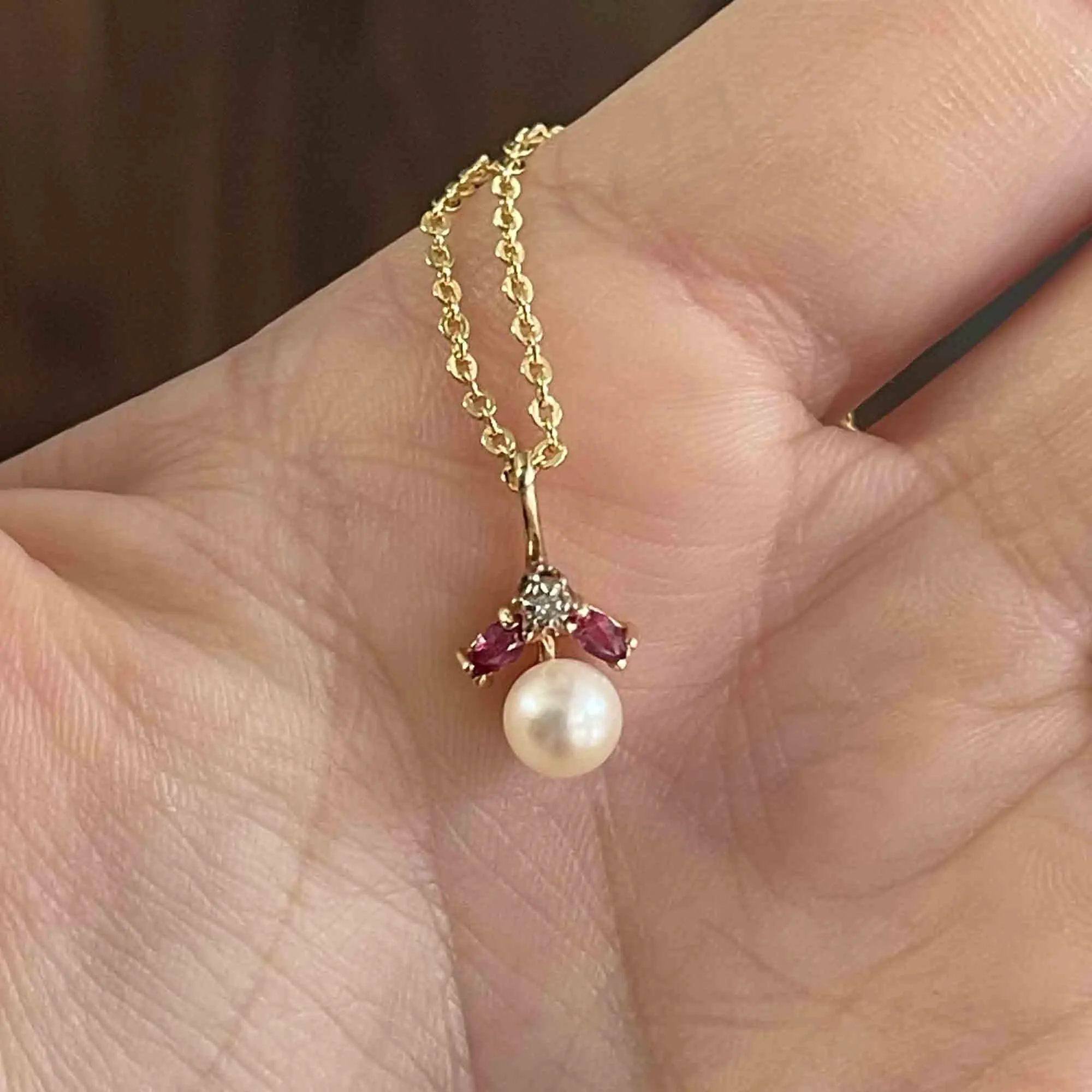 Vintage 14K Gold Pearl Ruby Diamond Pendant Necklace