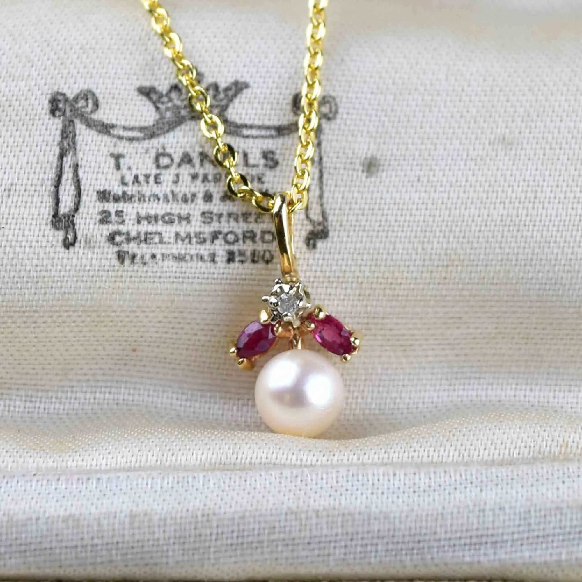 Vintage 14K Gold Pearl Ruby Diamond Pendant Necklace