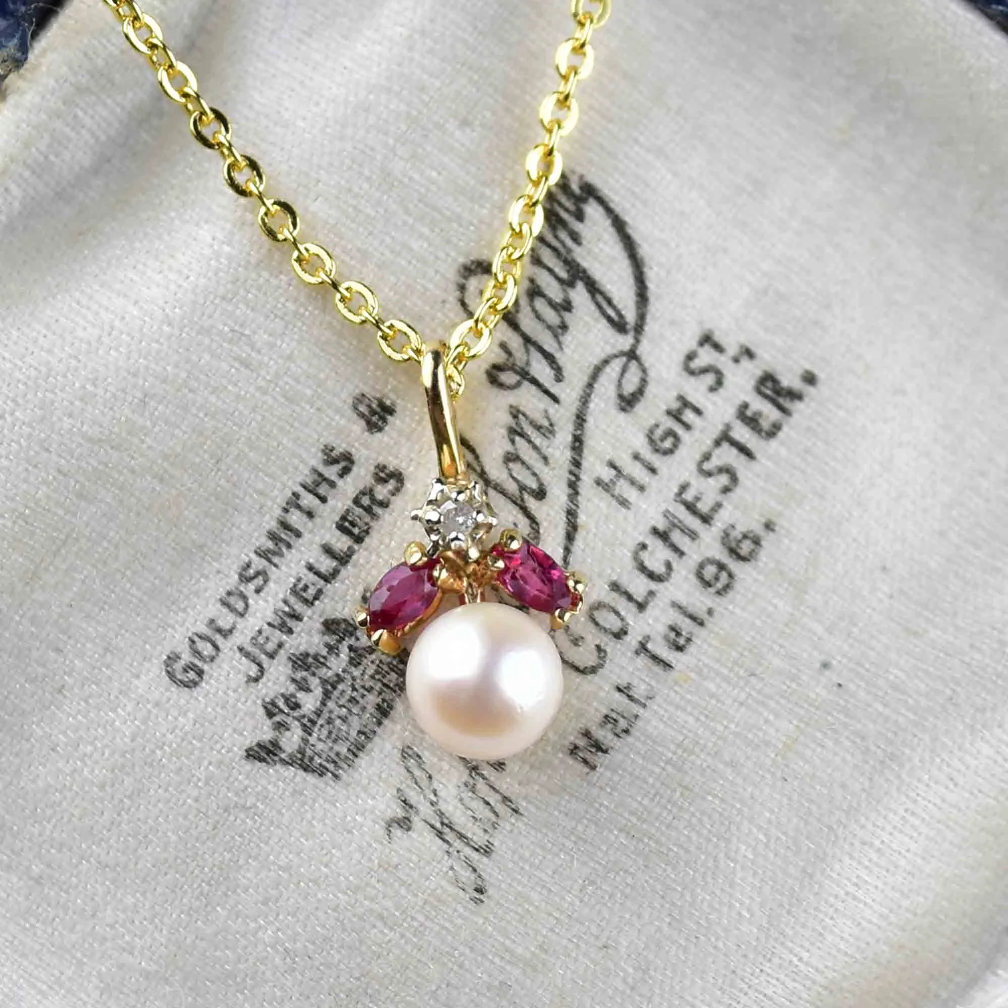 Vintage 14K Gold Pearl Ruby Diamond Pendant Necklace