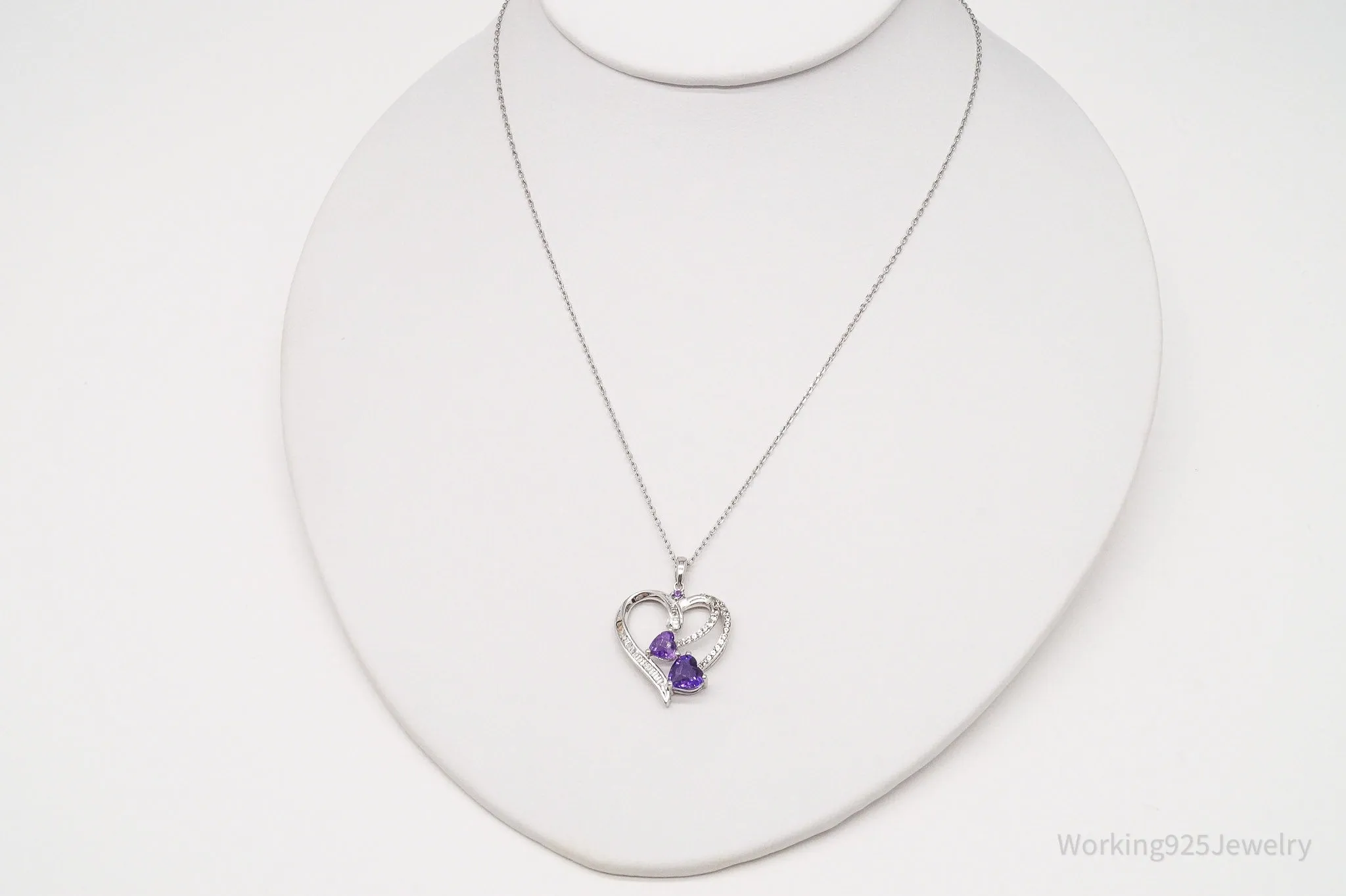 Vintage Amethyst Cubic Zirconia Heart Sterling Silver Necklace 16"