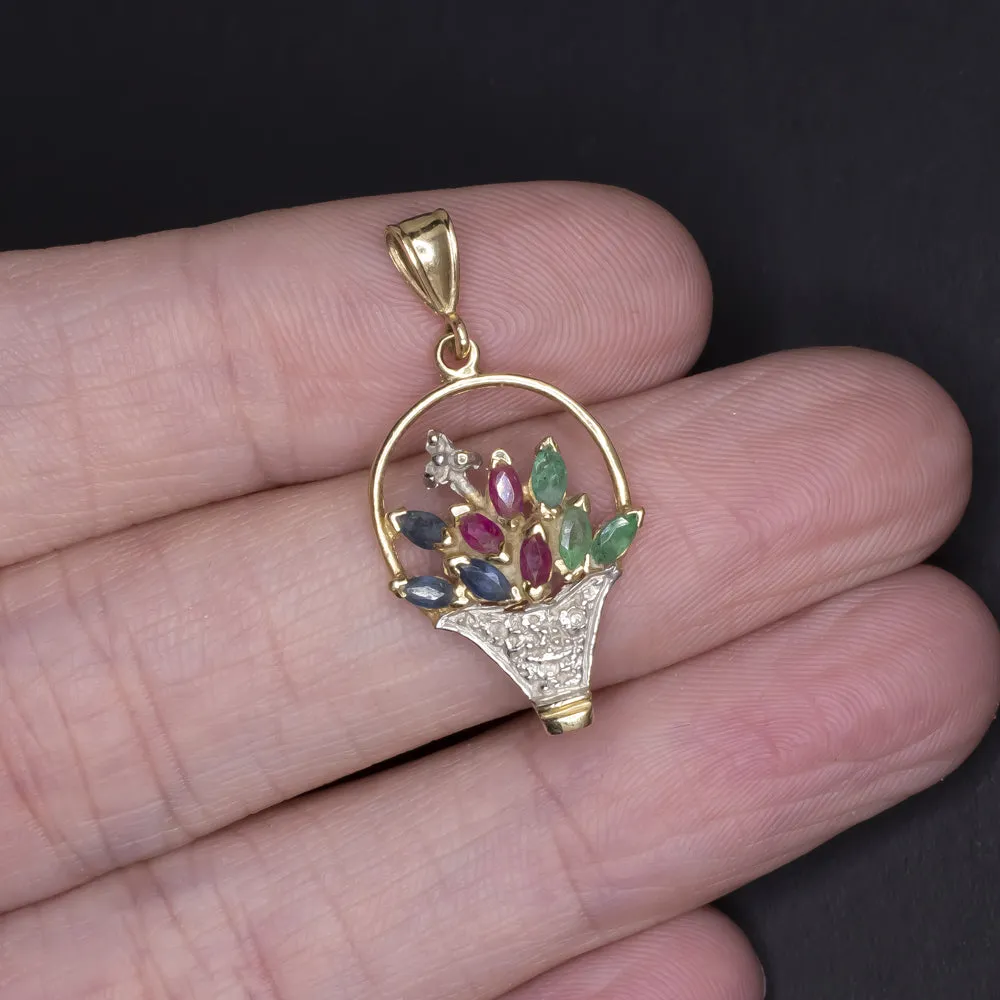 VINTAGE DIAMOND GEMSTONE FLOWER BASKET PENDANT RUBY SAPPHIRE EMERALD BOUQUET