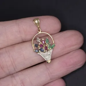 VINTAGE DIAMOND GEMSTONE FLOWER BASKET PENDANT RUBY SAPPHIRE EMERALD BOUQUET