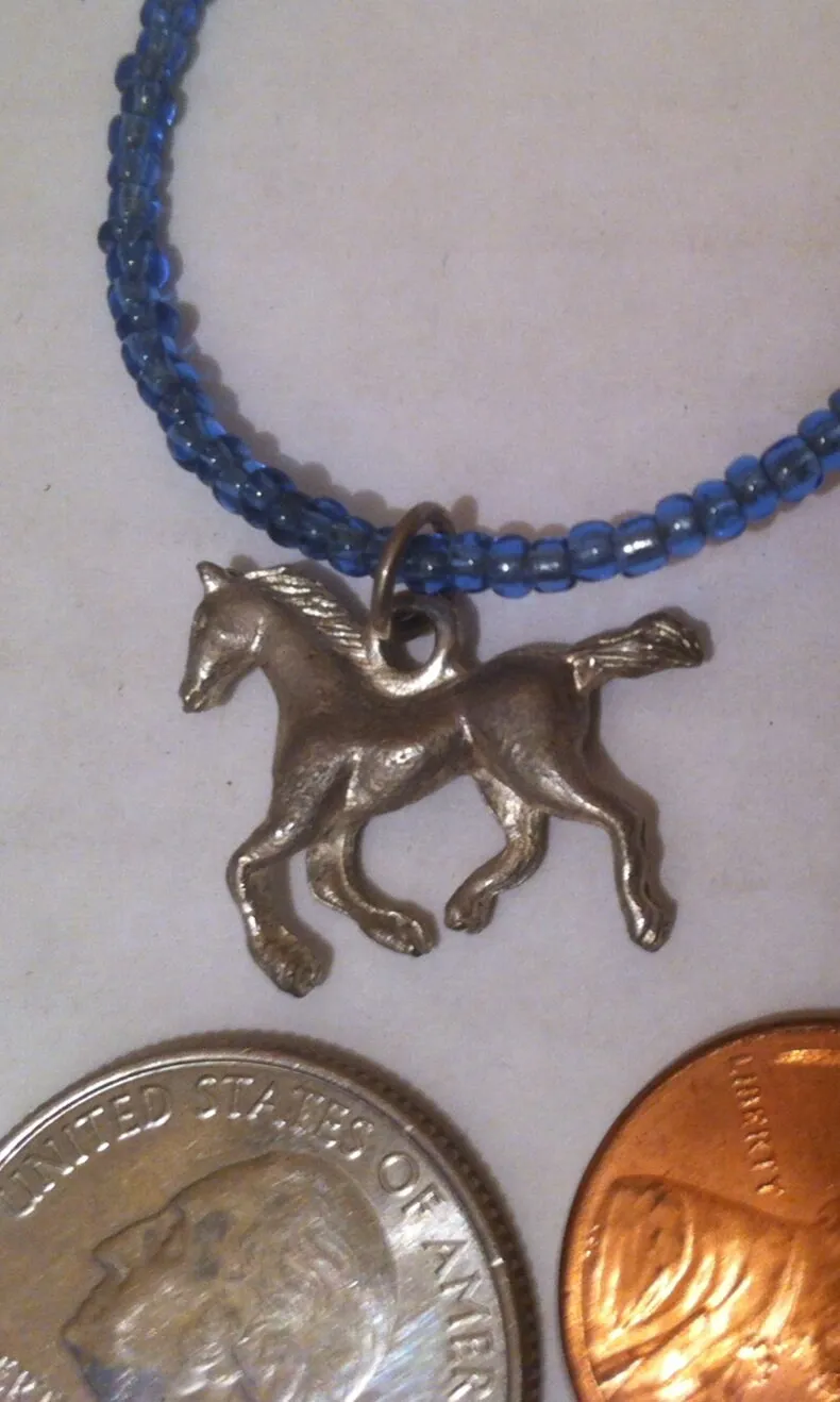 Vintage Girls Necklace with Metal Horse, Choker Necklace, Horse, Pony, 16" Long, Blue Beads, Jewelry Necklace