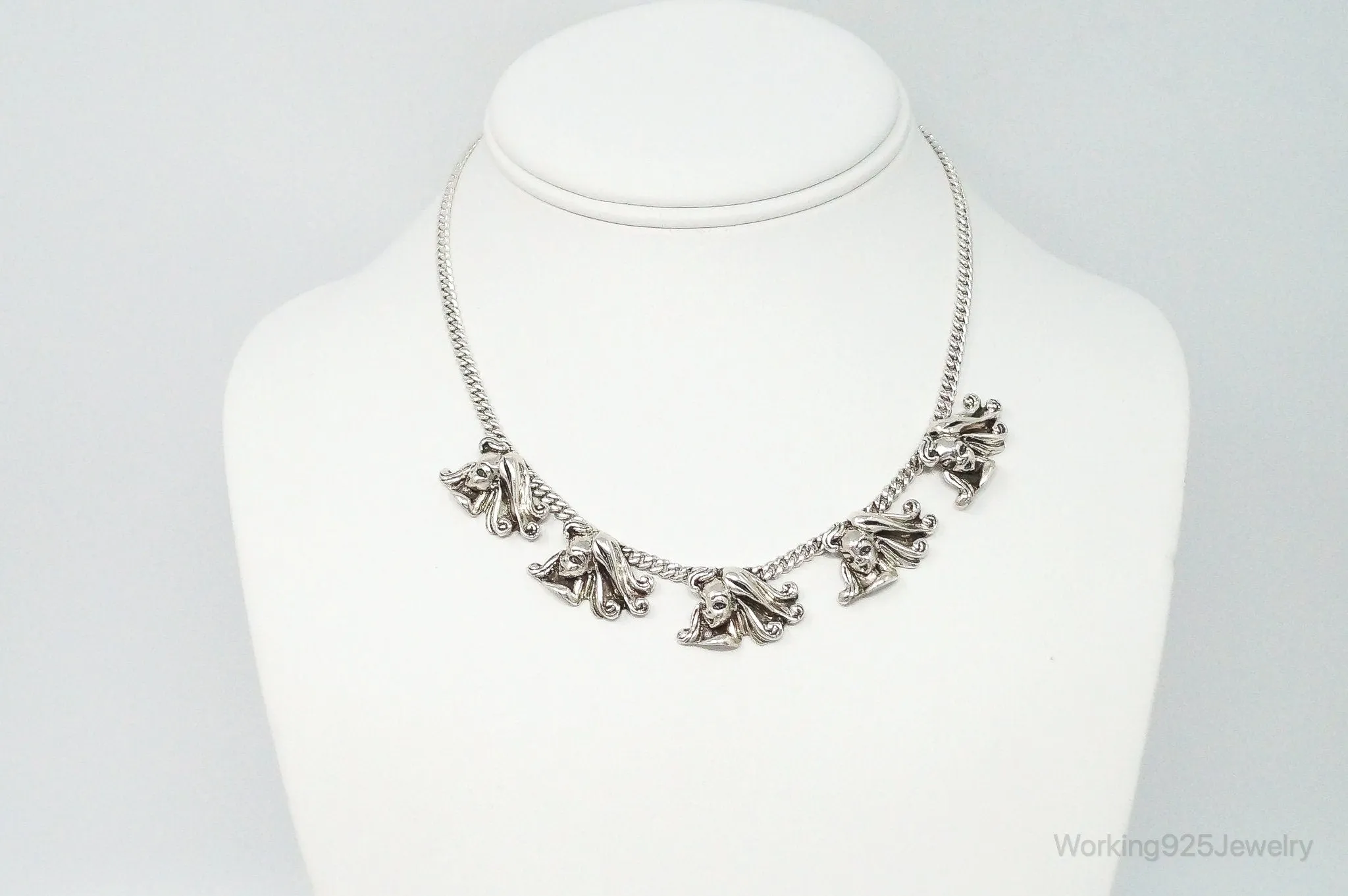 Vintage Ladies Flowing Hair Modernist Sterling Silver Chain Necklace