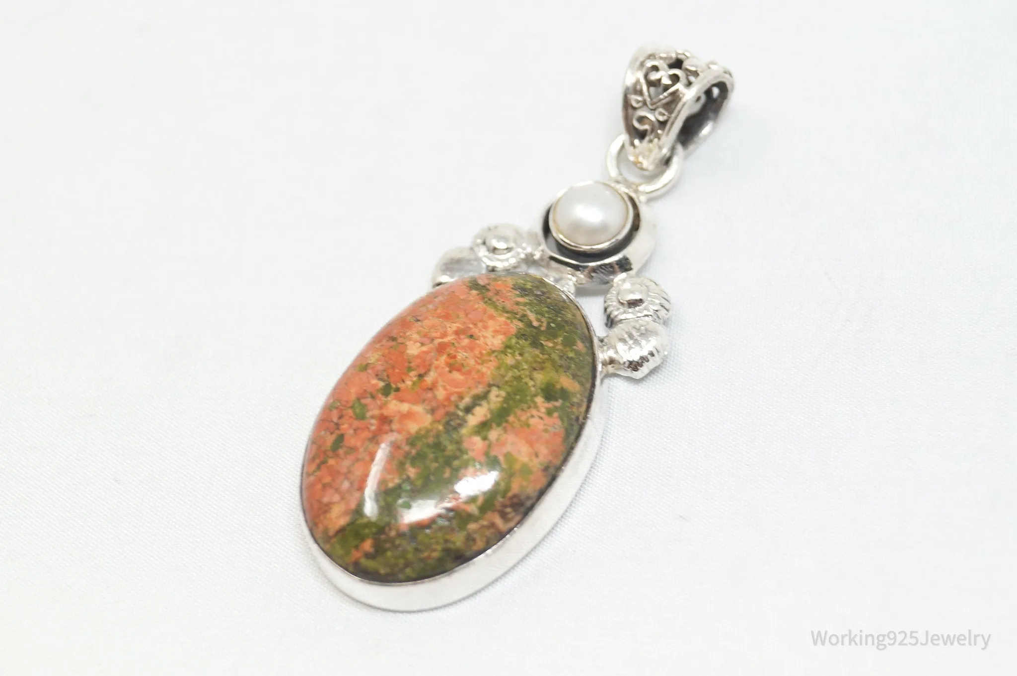 Vintage Large Green Orange Unakite Jasper Pearl Sterling Silver Necklace Pendant