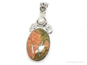 Vintage Large Green Orange Unakite Jasper Pearl Sterling Silver Necklace Pendant