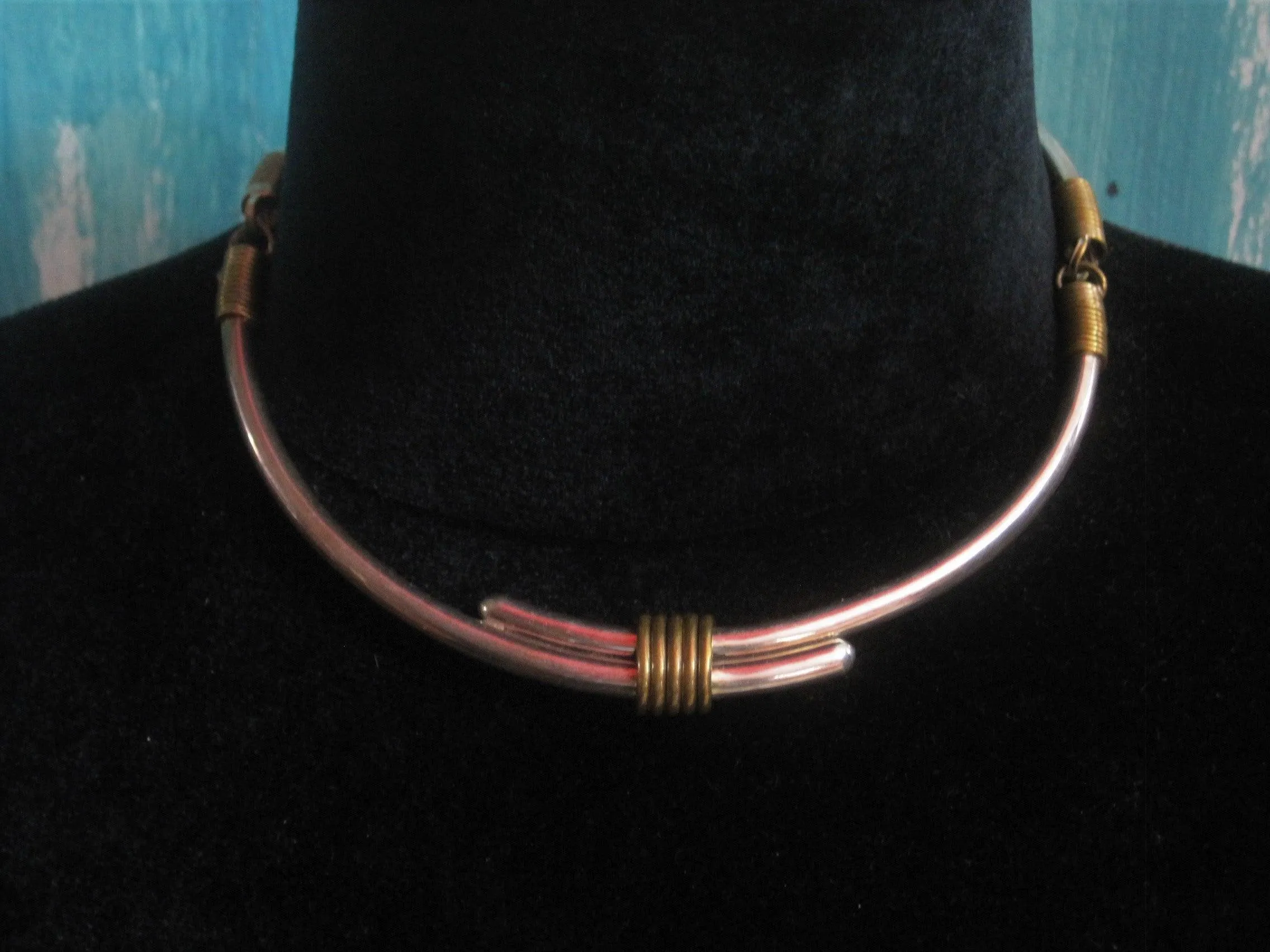 Vintage Mexican Choker Necklace Sterling Silver with Brass Accents