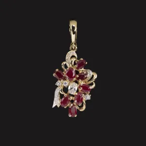 VINTAGE NATURAL RUBY DIAMOND PENDANT 14k YELLOW GOLD CLUSTER ESTATE NECKLACE