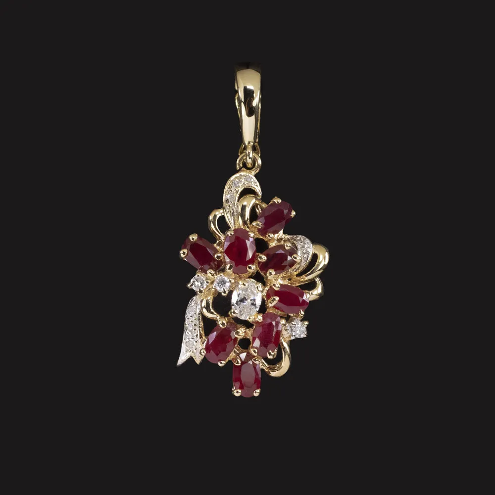 VINTAGE NATURAL RUBY DIAMOND PENDANT 14k YELLOW GOLD CLUSTER ESTATE NECKLACE