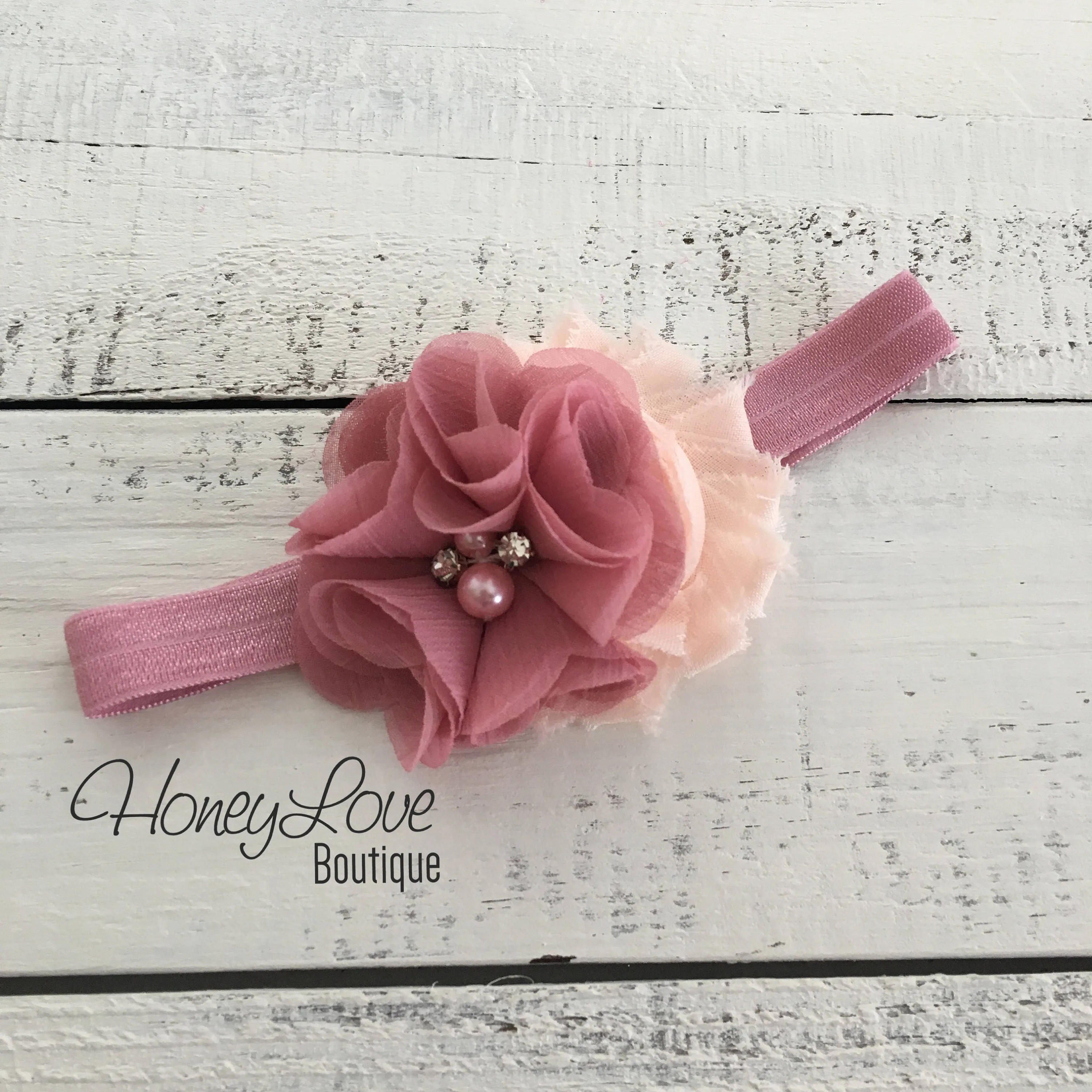 Vintage Pink and Peach shabby chiffon flower rhinestone/pearl headband