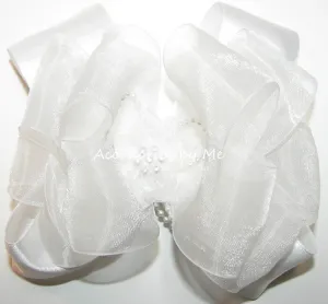 White Organza Satin Pearls Hair Bow