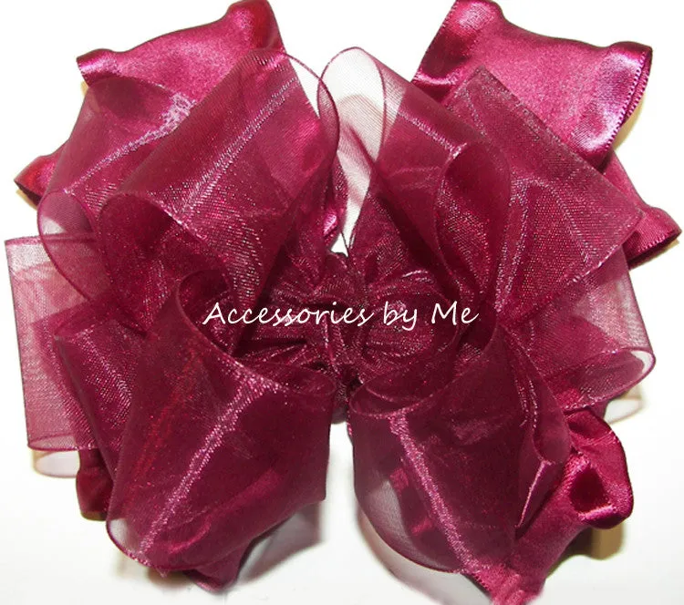 Wine Organza Ruffle Hair Bow