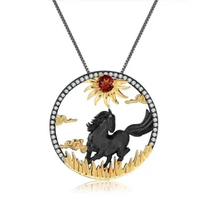 Year Of The Horse-Natural Red Garnet Gemstone Handmade Sun & Horse Necklace